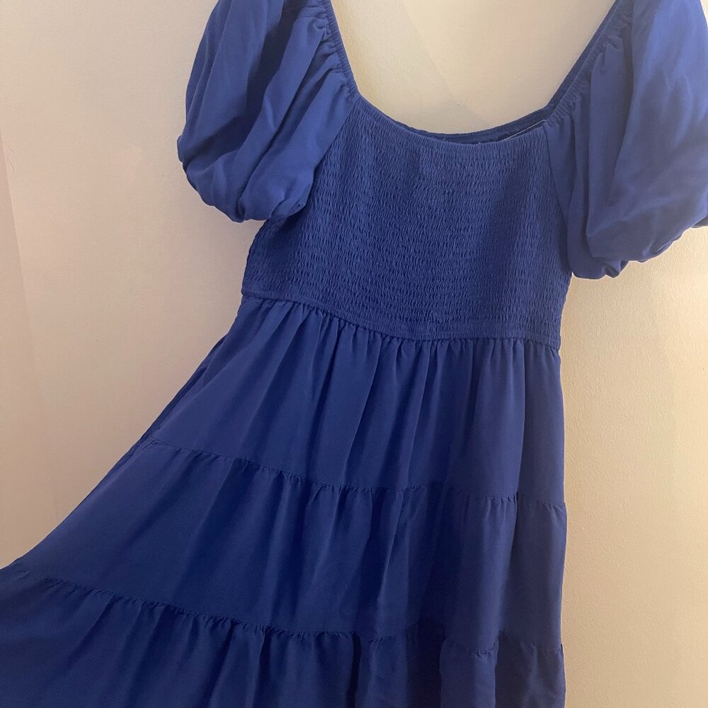 Zesica Solid Blue, Smocked, Flowy, Puff Sleeve, Midi Dress, Small